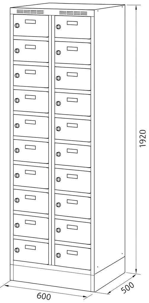 Alfa 3 Szafka skrytkowa na cokole, 20 schowków, 1920 x 600 x 500 mm, zamek cylindryczny, drzwi ciemnoszare