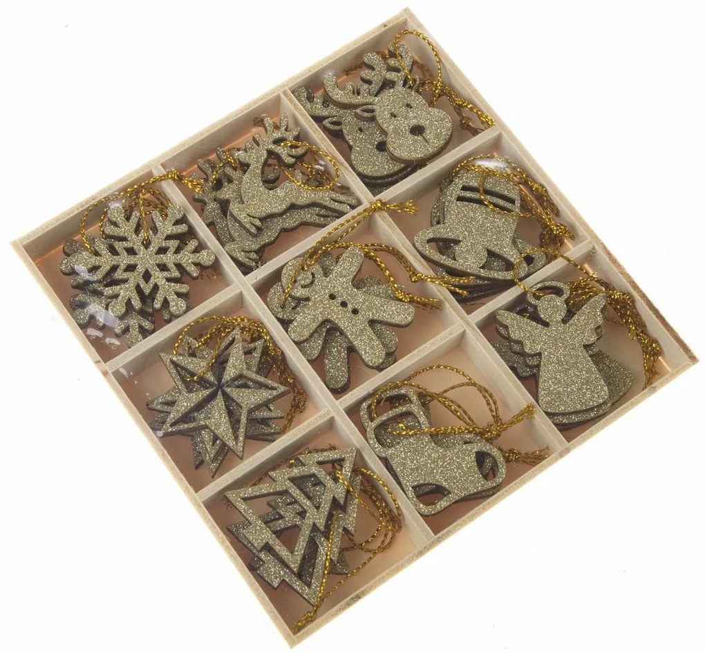 Zestaw drewnianych ozdób świątecznych w pudełku, 36 szt., złoty