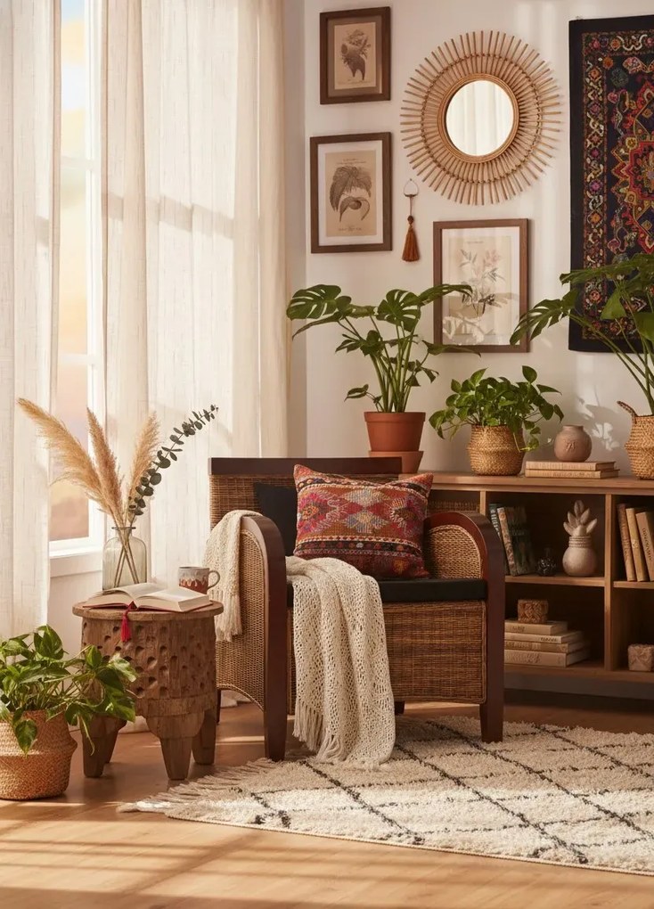 Rattanowy fotel z drewnianymi podłokietnikami R0-N74