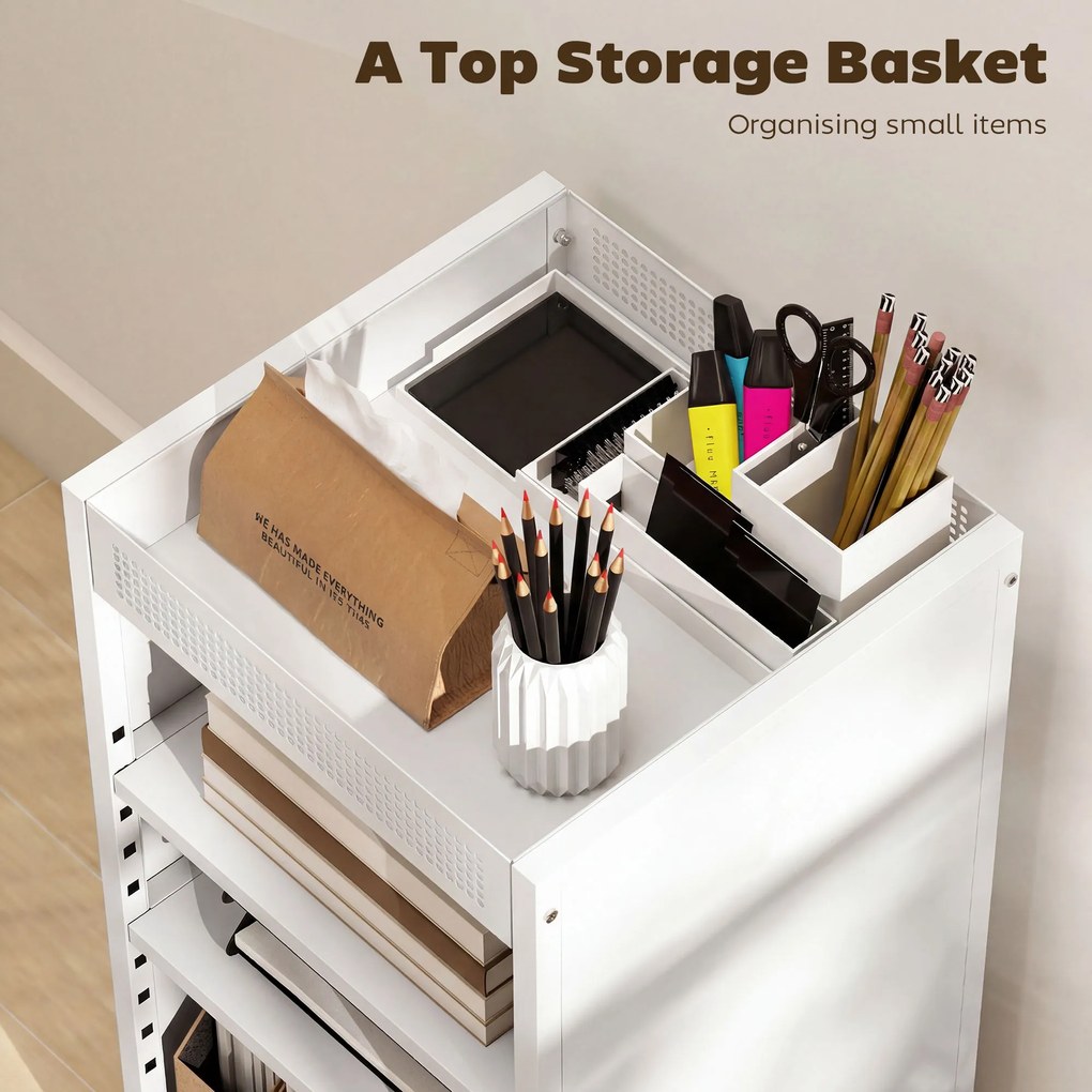 HOMCOM Mobilny regał na książki z regulowanymi półkami, 3-poziomowy wózek z górnym koszem, biały | Aosom PL