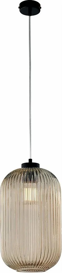 Lampa wisząca Krizia z czarnego lakierowanego żelaza, regulowany kabel, klosz z bursztynowego szkła dmuchanego z paskami reliefowymi, 1 światło