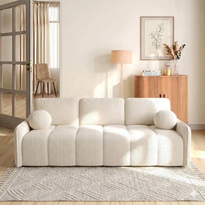 Sofa PURE Rozkładana Dwuosobowa Kremowa Boucle Japandi