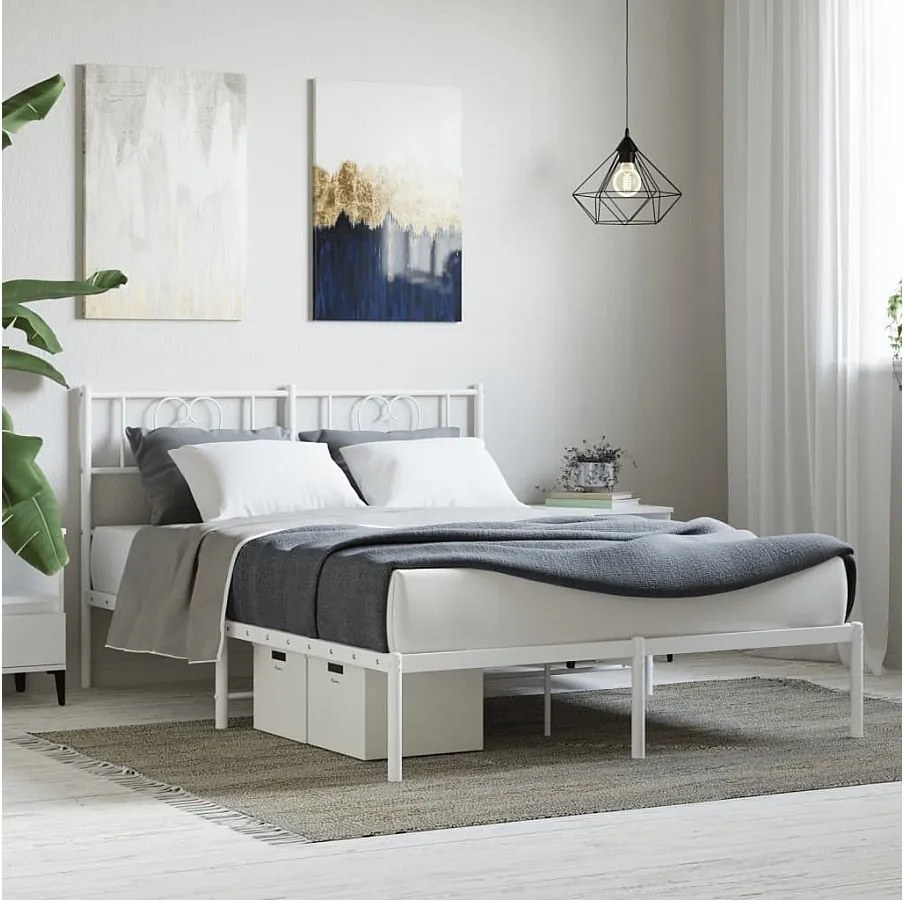 Biała metalowa rama łóżka z zagłówkiem 140x200 cm i przestrzenią do przechowywania