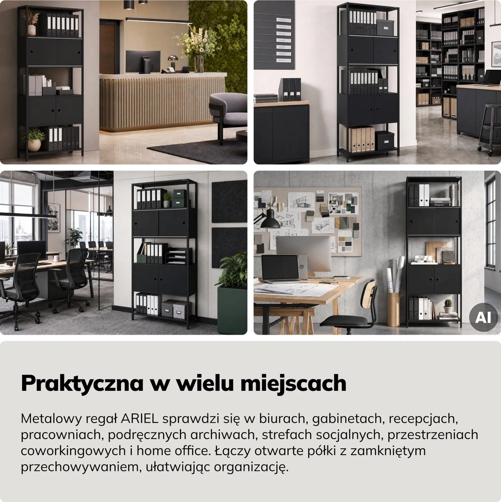 Regał na segregatory z szafką zamykaną, biurowy, otwarte półki, metalowy czarny, 800x2200x400 mm: ARIEL