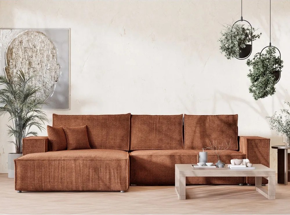 Rozkładany/ze schowkiem narożnik z tkaniny szenilowej (lewostronny/z szezlongiem) w kolorze miedzi Maze – Maison de Rêve