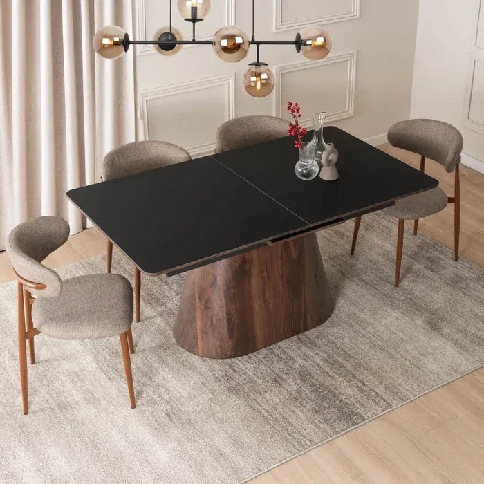 Stół Rozkładany Prostokątny LIZBONA 160-200 cm Ceramiczny Czarny/Orzech do Jadalni Loft