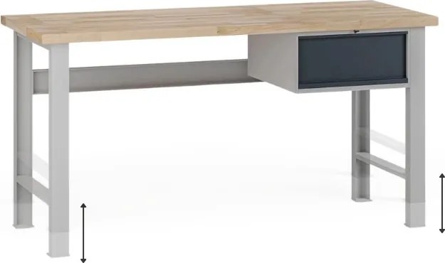 Stół warsztatowy z regulacją wysokości G7, blat bukowy, 1700 x 685 x 840-1040 mm, 1x kontener, 1x szuflada, grafitowy