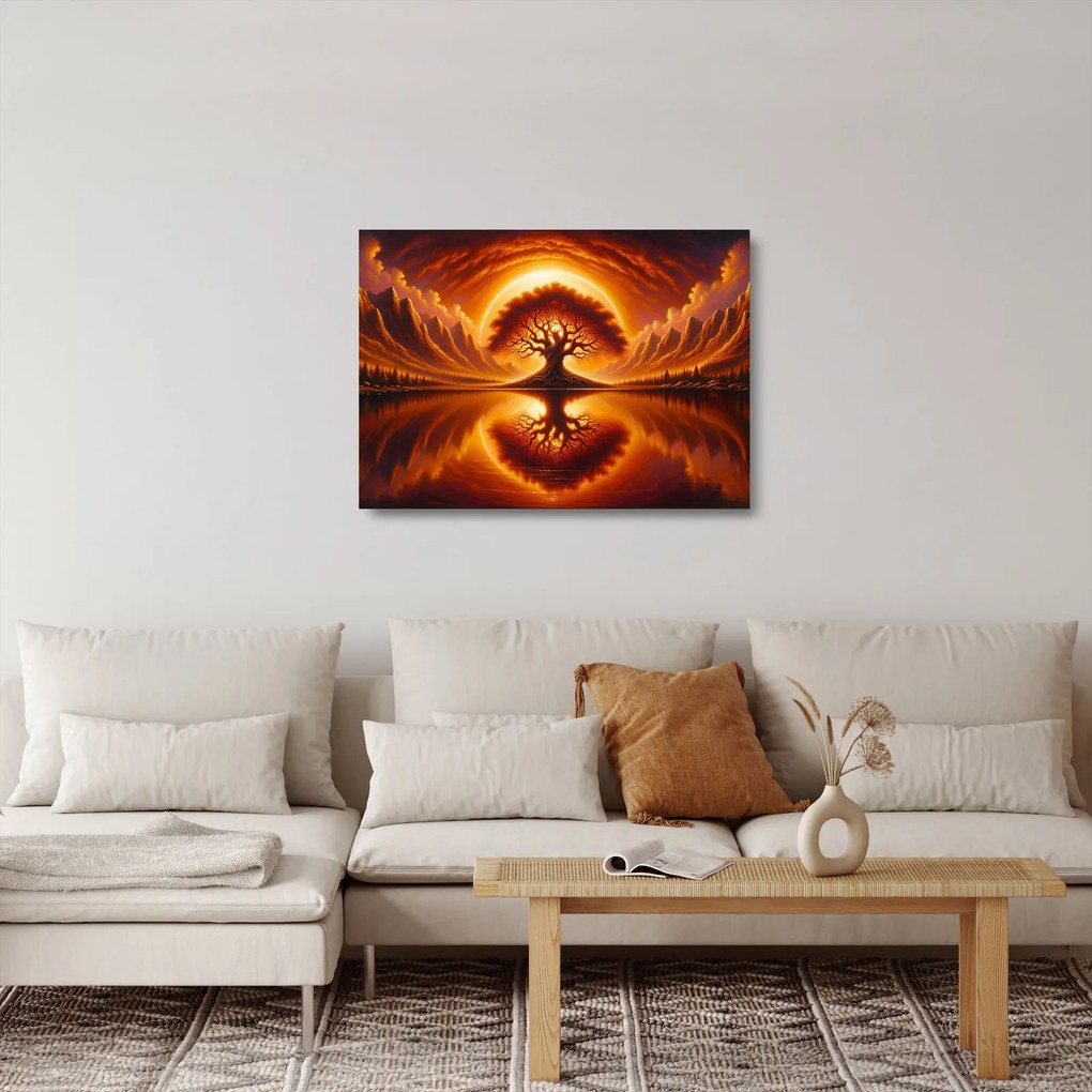 Obraz na szkle – Drzewo w krwawym słońcu (70x50 cm)