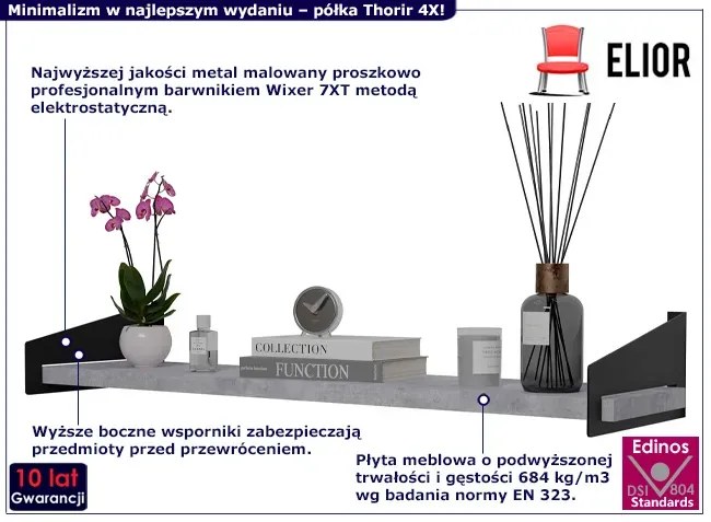 Nowoczesna półka ścienna na książki czarny + beton - Thorir 4X