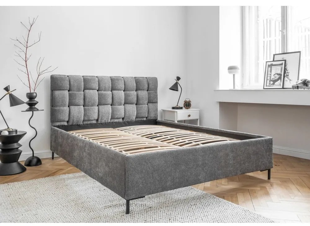 Szare tapicerowane łóżko dwuosobowe ze stelażem 180x200 cm Eve – Miuform