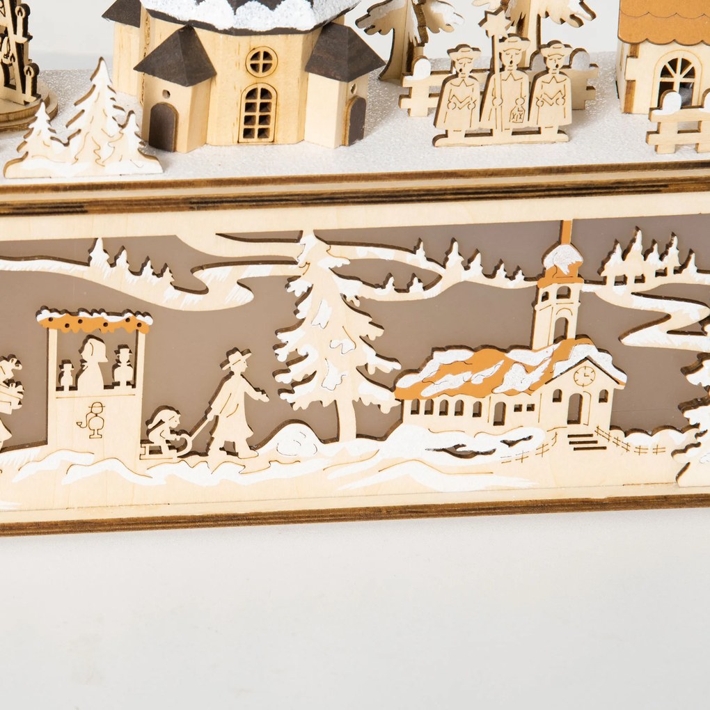 HOMCOM Dekoracja Bożonarodzeniowa, zasnowione miasteczko, 10 diod LED, ciepłe światło, sklejka, 45 x 10 x 25 cm