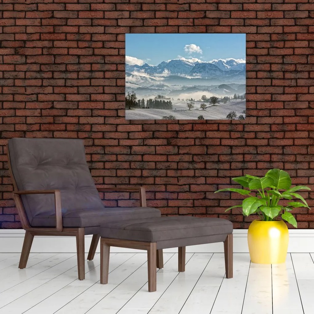 Obraz na szkle ośnieżonych gór (70x50 cm)