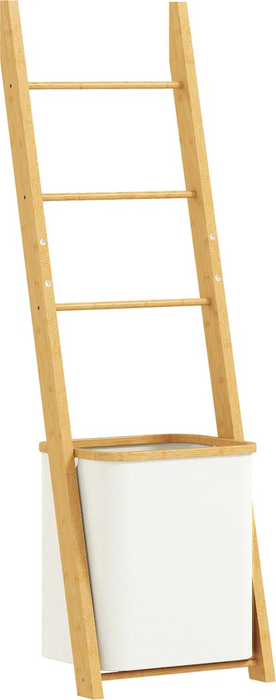 HOMCOM Regał łazienkowy, 2-w-1 z 3 drążkami, wyjmowany kosz na pranie 48L, bambusowy, 43 x 35 x 133 cm, kremowy | Aosom PL