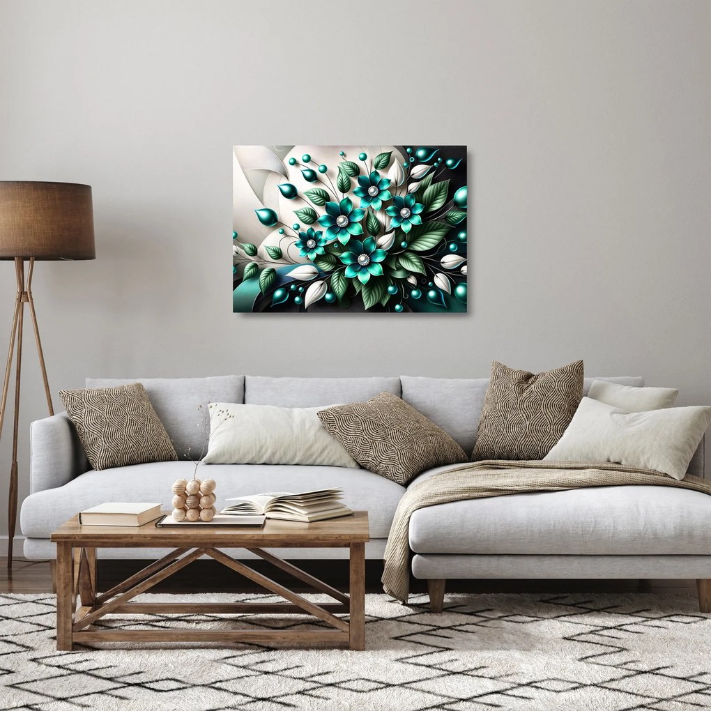 Obraz na szkle - 3D turkusowe kwiaty (70x50 cm)