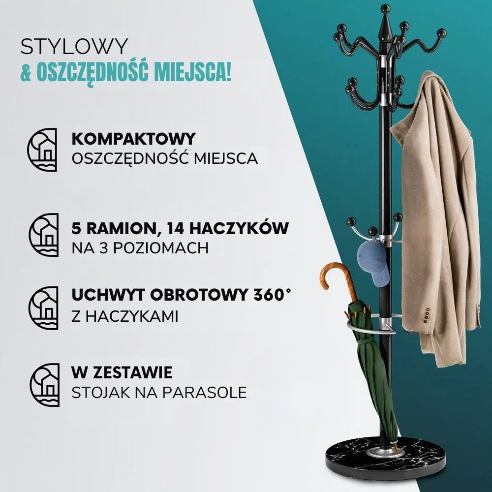 Wieszak stojący TENZY z marmurową podstawą, 37x173 cm, czarny Casaria