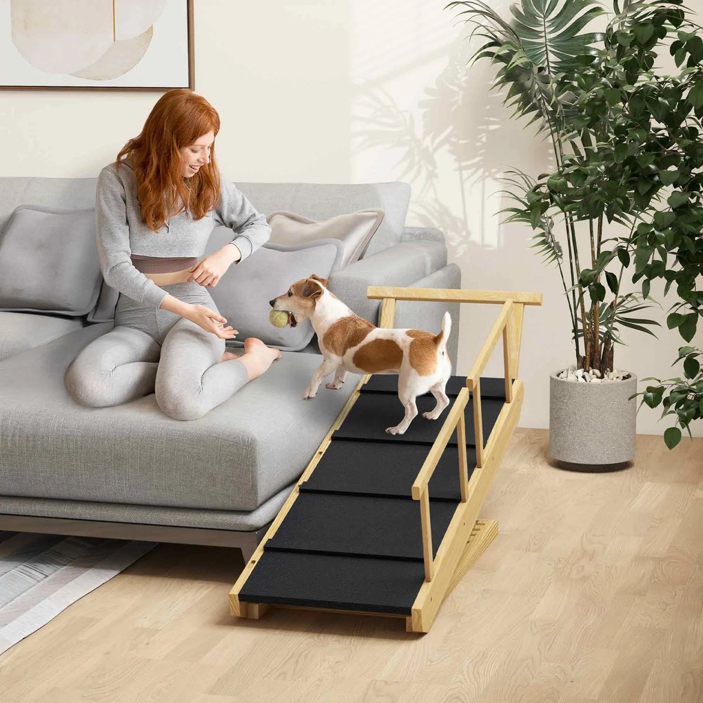 PawHut Rampa dla psów, regulowana wysokość, składana, poręcze, dla psów do 40kg, ramka z drewna, 85 x 40 x 78,5 cm, Czarny