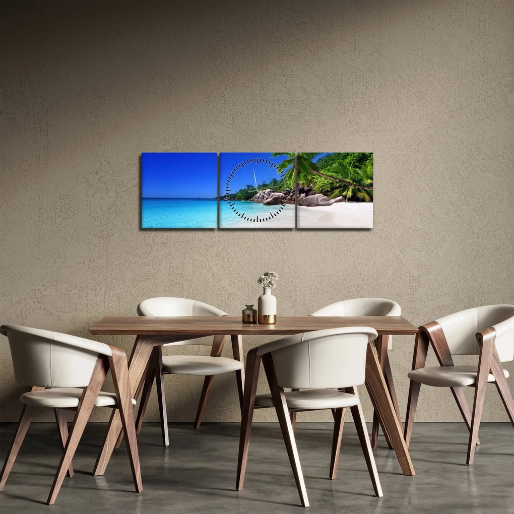 Obraz plaży na wyspie Praslin (z zegarem) (90x30 cm)
