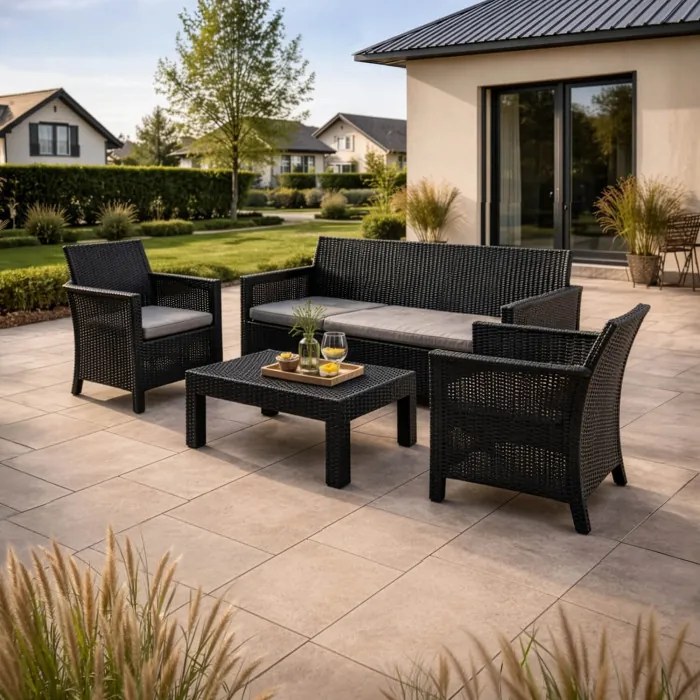 Zestaw Mebli Ogrodowych SAVIO Czarny Sofa 2x Fotel Stolik Tarasowy Technorattan Nowoczesny