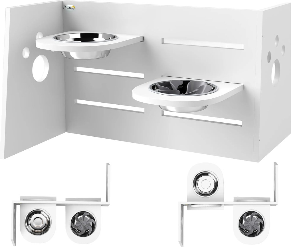 PawHut Stelaż na miskę dla psów, regulowane miski z oddzielnym designem, 2 miski ze stali nierdzewnej, mata przeciw połykaniu, Biały