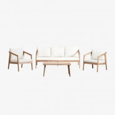 Zestaw Ogrodowy Z Sofą, 2 Fotelami I Stolikiem Kawowym Z Drewna Akacjowego Kaela Jasny Akacjowy Brąz & 3-osobowy & Tkaniny Gardenia Biel - Sklum