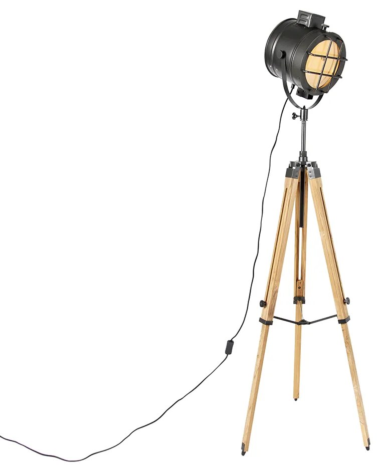 Lampa stojąca Tripod Studio Spot czarna z drewnem - ShinyPrzemysłowy Oswietlenie wewnetrzne