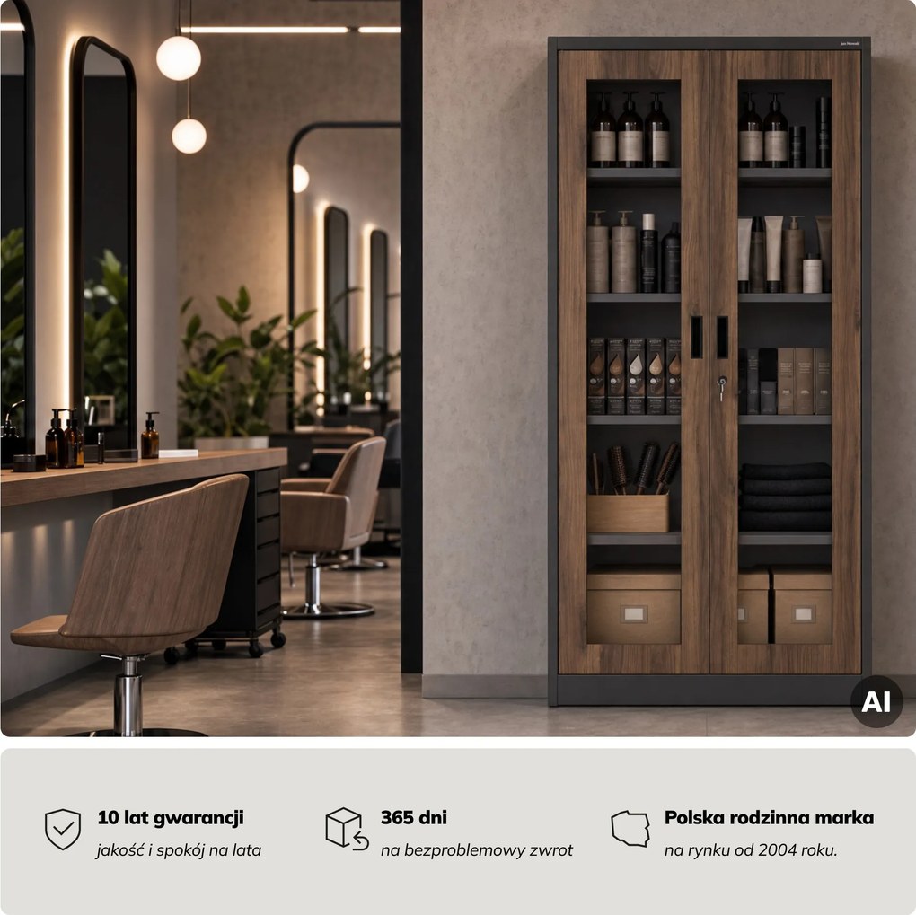 Witryna przeszklona metalowa wysoka z zamkiem antracytowa/orzech, 900x1850x400 mm: AMELIA Eco Design