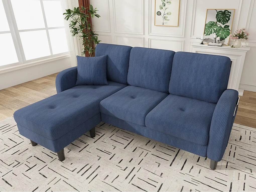 Kanapa narożna z szezlongiem - 3-osobowa - Welur żebrowany - Niebieski