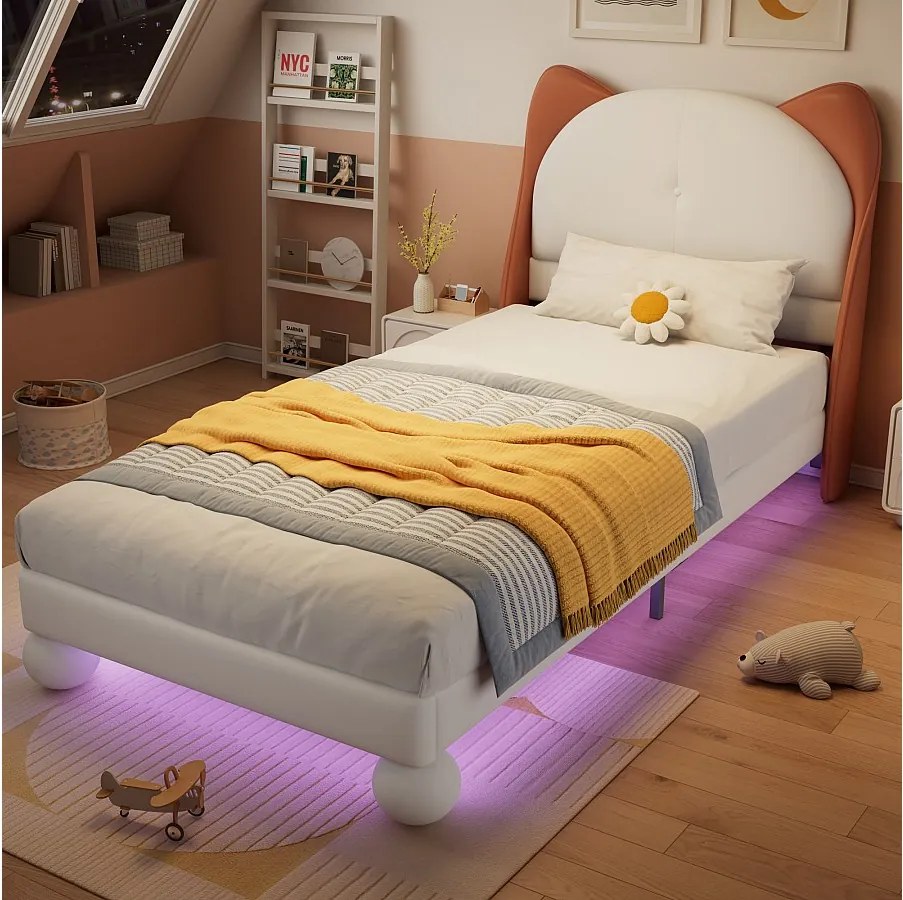 Łóżko dziecięce 90 x 200 cm - Łóżko pojedyncze z oświetleniem LED i zagłówkiem w kształcie kocich uszu - Beżowy poliuretan - bez materaca