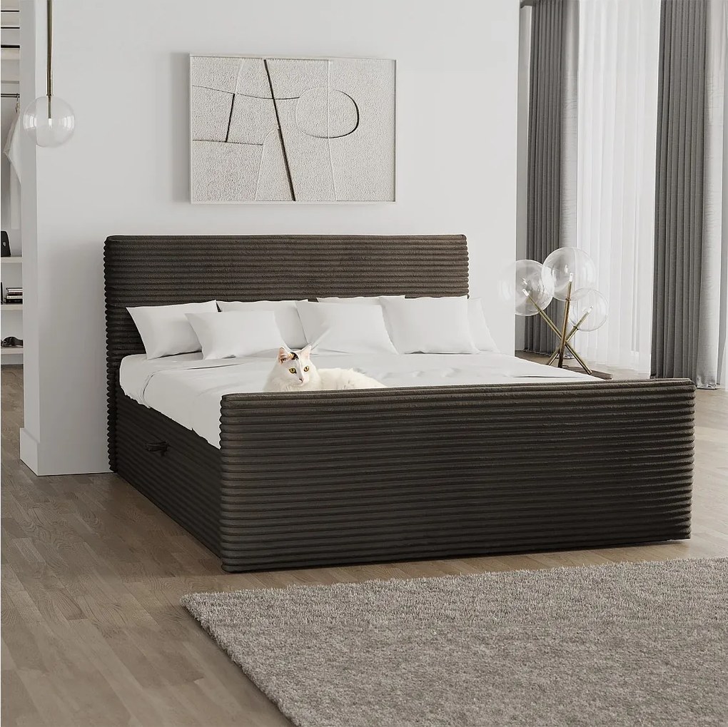 Łóżko kontynentalne z pojemnikiem i topperem TRENTO, pluszowy sztruks VELO, 160x200 cm, Brązowy, H3-Bonell
