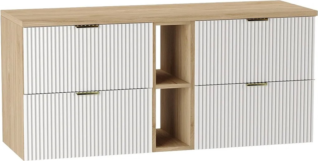 Szafka pod umywalkę WENA, z regałem, ryflowane fronty, Willy, 140x60x47 cm, Biała/Orzech