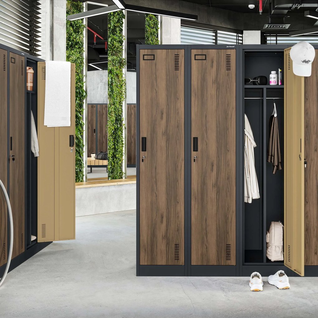 Szafka ubraniowa pracownicza czterokomorowa antracytowa/orzech, 800x1800x500 mm: KACPER Eco Design