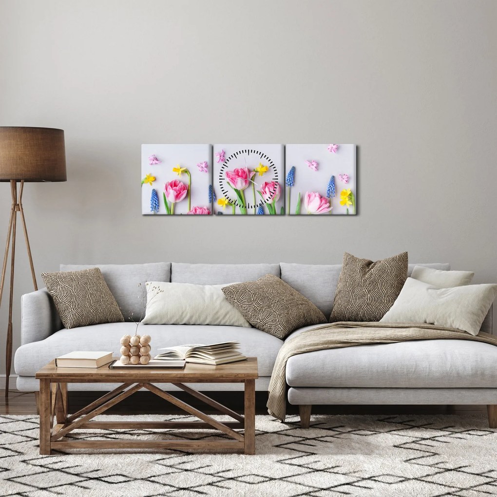 Obraz wiosennych kwiatów (z zegarem) (90x30 cm)