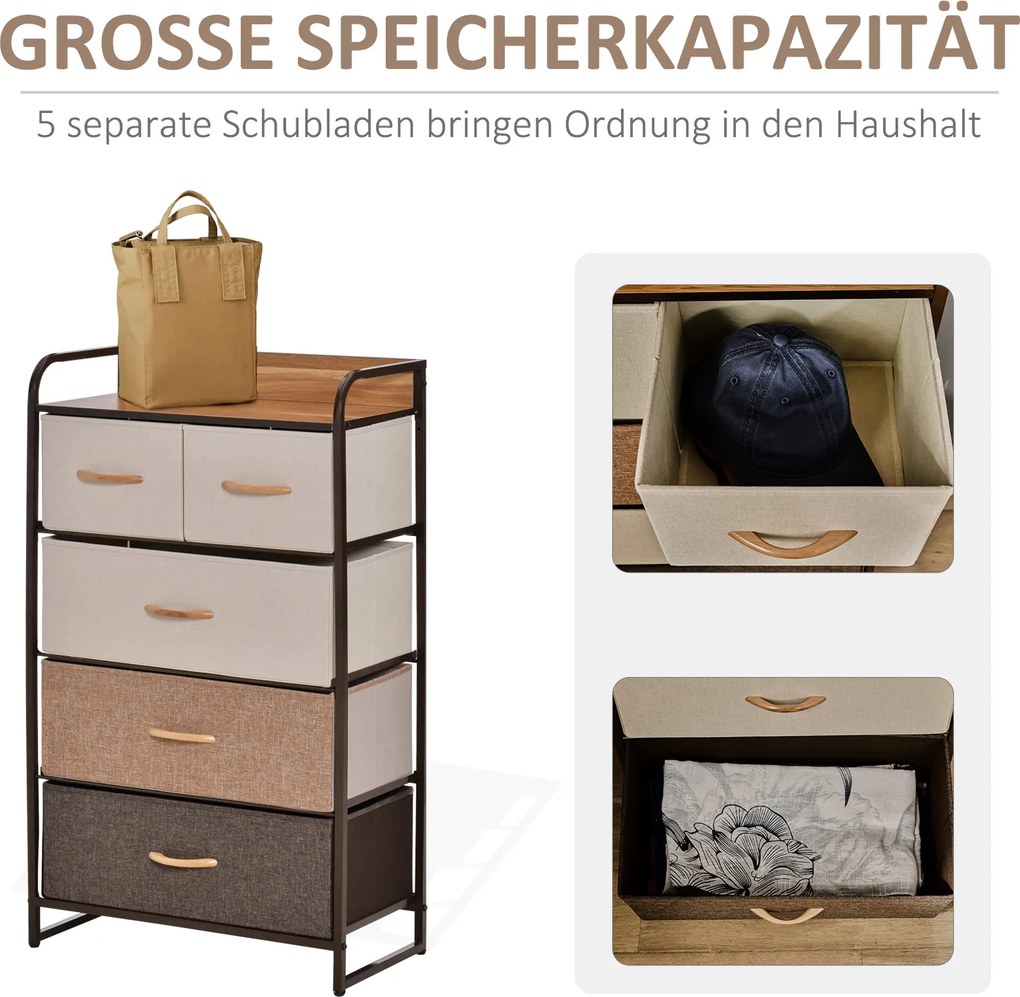HOMCOM Komoda z 5 składanymi szufladami z tkaniny, półka, stabilna stalowa rama, 58 x 29 x 99 cm