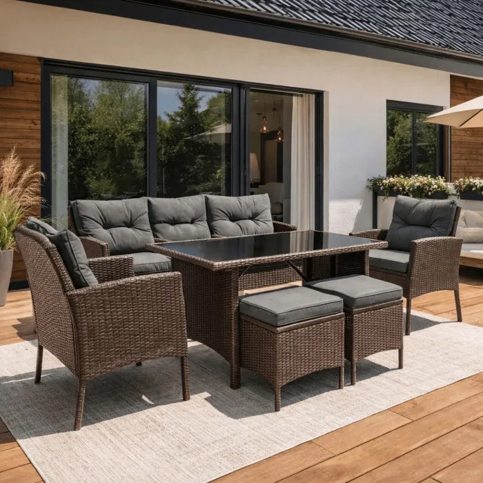 Zestaw Mebli Ogrodowych ATLANTA Brązowy Sofa Pufy Stolik Tarasowy Technorattan Nowoczesny