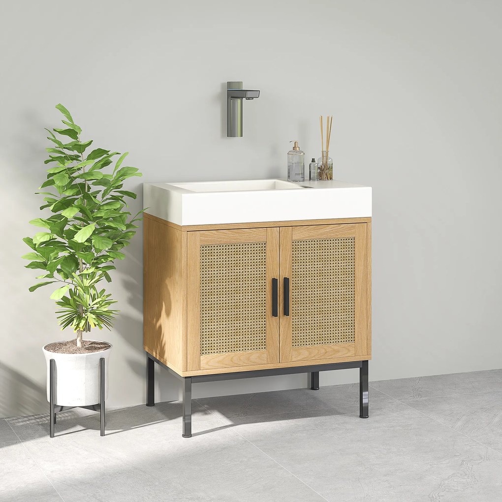 kleankin Szafka łazienkowa w stylu Boho, z rattanowymi elementami, z wycięciem pod umywalkę, Dąb