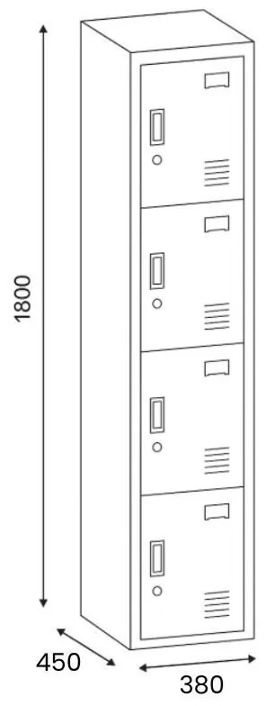 Szafka skrytkowa, 4 schowki, 1800 x 380 x 450 mm, zamek cylindryczny, drzwi czerwone