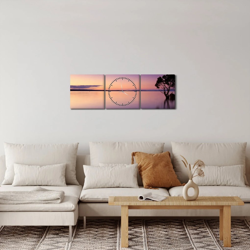 Obraz powierzchni wody o wschodzie słońca (z zegarem) (90x30 cm)