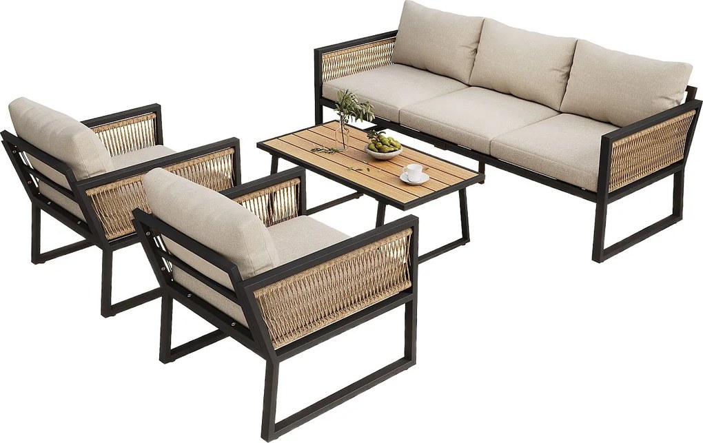 Zestaw mebli ogrodowych modułowych 5-osobowych ze stali ocynkowanej: 1 sofa 3-osobowa + 2 fotele + prostokątny stolik kawowy - Beżowy