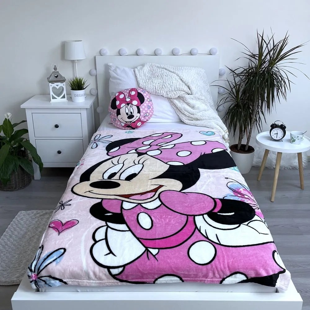 Różowy koc dziecięcy z mikropluszu 100x150 cm Minnie Flowers – Jerry Fabrics