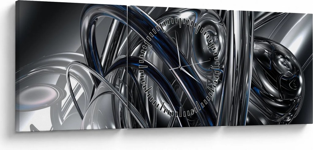 Obraz szarej abstrakcji z niebieskim (z zegarem) (90x30 cm)