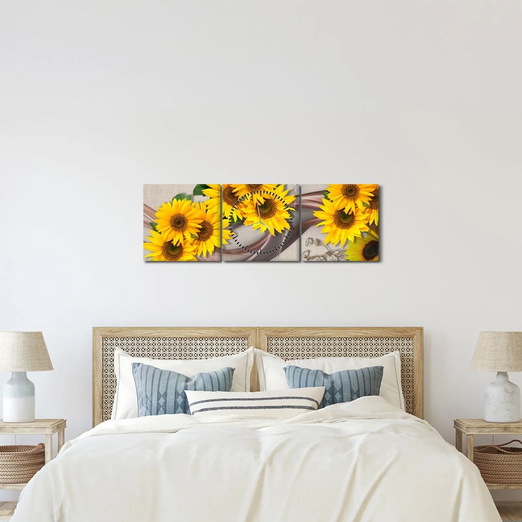 Obraz - Świecące kwiaty słonecznika (z zegarem) (90x30 cm)