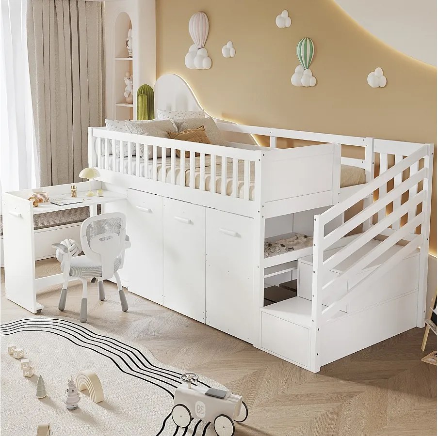 Wielofunkcyjne łóżko piętrowe dla dzieci - 90 x 200 cm - z biurkiem/szafą - 2 szafki w schodach - sosna + MDF - białe