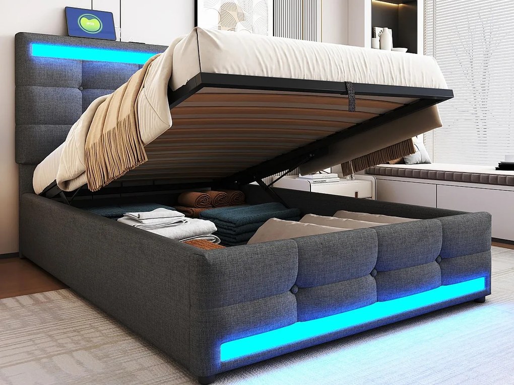 Tapicerowane łóżko ze schowkiem 90x200 cm - Z portem USB - Z taśmą LED - Len - Szary (bez materaca)