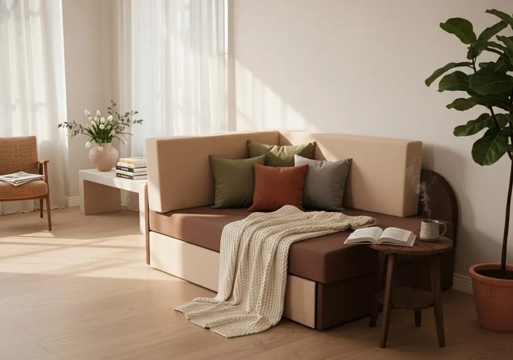 Brązowo Beżowy Narożnik Rozkładany E8-H84