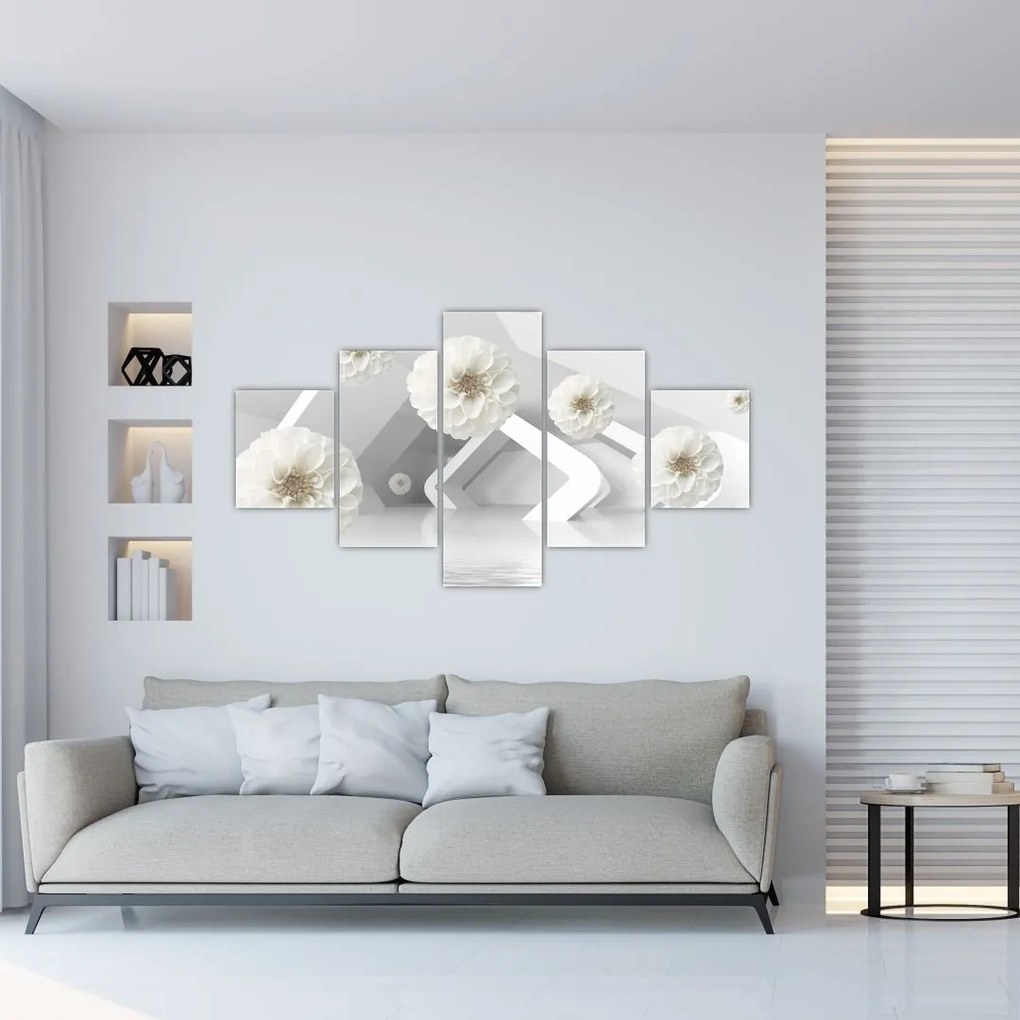 Abstrakcyjny obraz z białawymi kwiatami (125x70 cm)