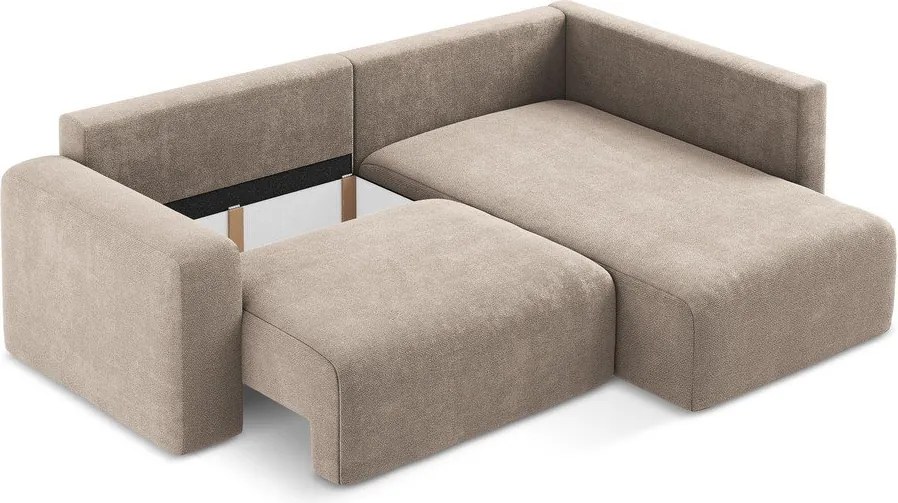 Beżowy rozkładany narożnik ze schowkiem z tkaniny szenilowej (prawostronny/w kształcie litery L) Kona – Makamii