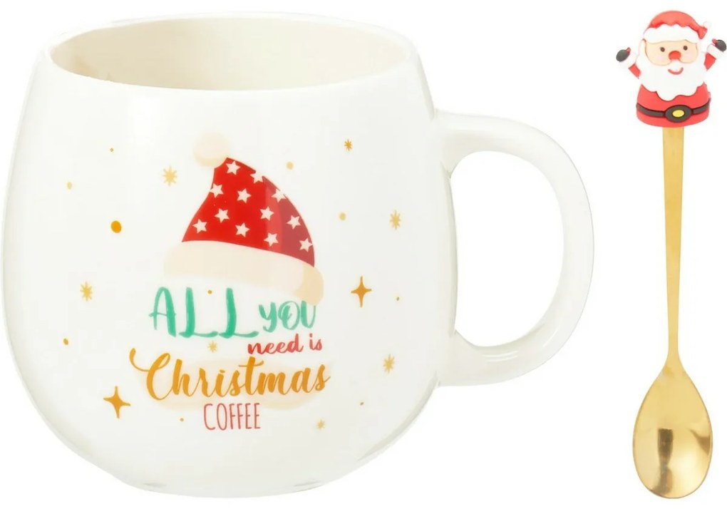 Świąteczny kubek porcelanowy z łyżeczką Święty Mikołaj, 550 ml