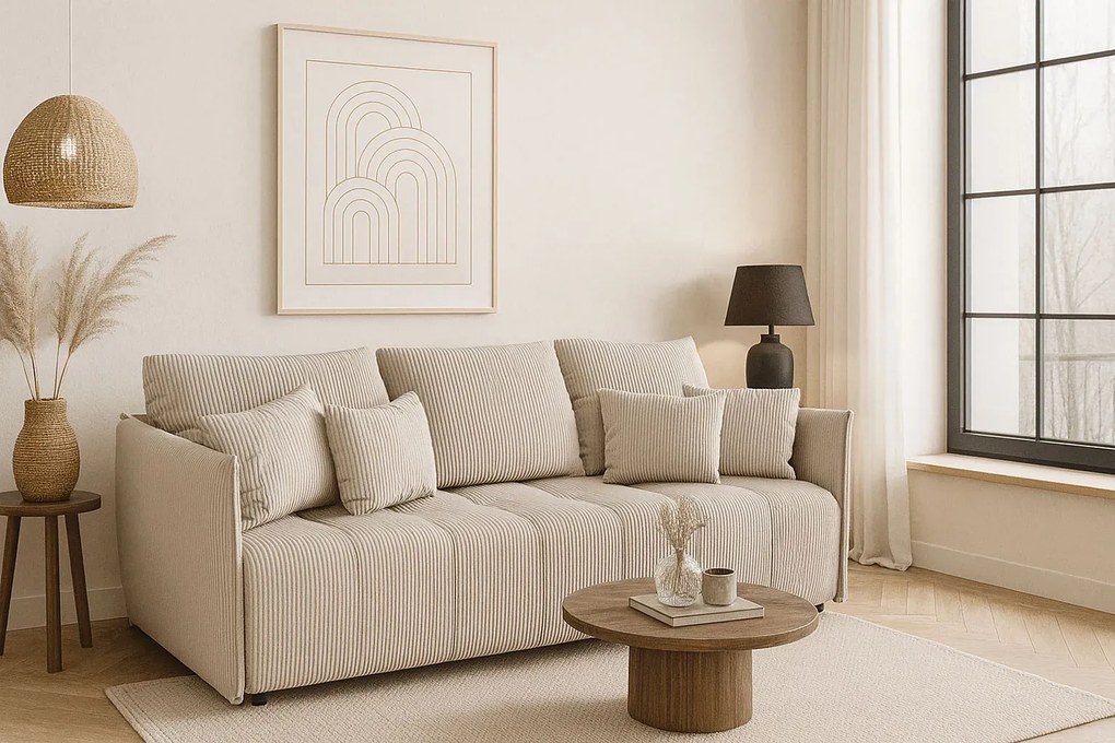 Jasnobeżowa tapicerowana sofa rozkładana E1-W40