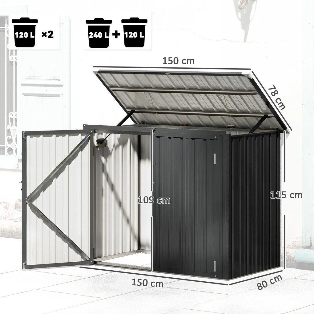 Outsunny Skrzynia na Kosze na Śmieci na 2 Pojemniki z Pokrywą, Zamknięciem i Ochroną, Ciemnoszary | Aosom PL