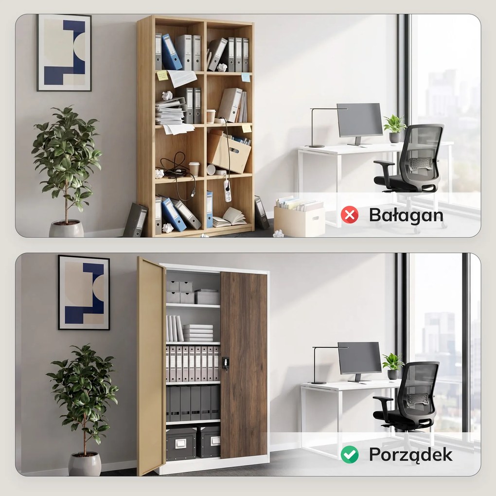 Szafa biurowa metalowa na akta, szeroka, biała/orzech, 1150x1850x400 mm: JAN II Eco Design